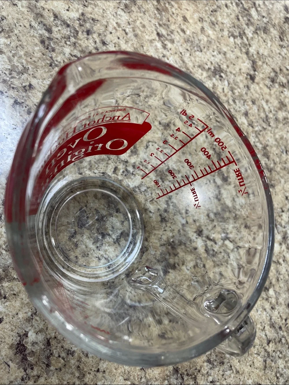 Anchor Hocking Oven Originals 498 RED Lettering 2 Cup Clear Glass Measuring Cup.
